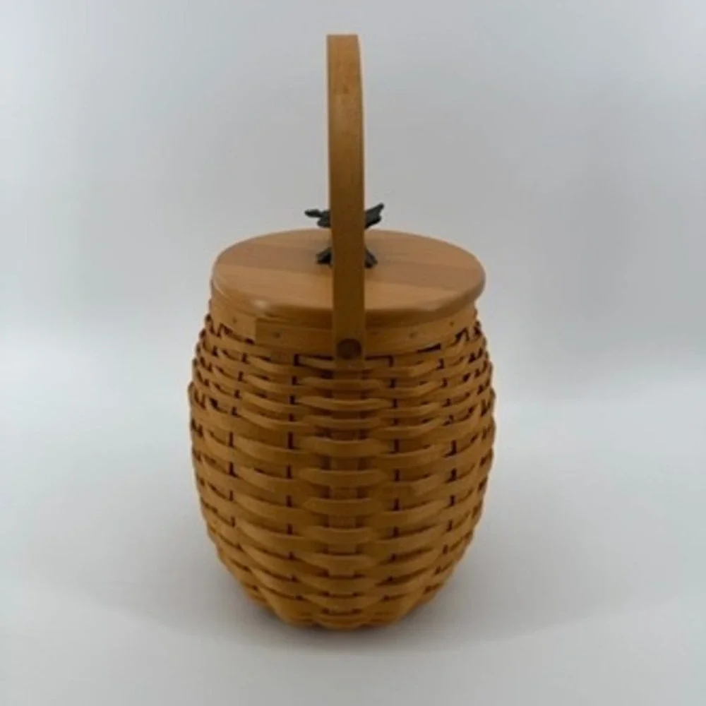 Longaberger Woodcrafts Woven Barrel Basket with Wood Lid and Metal Leaf Handle